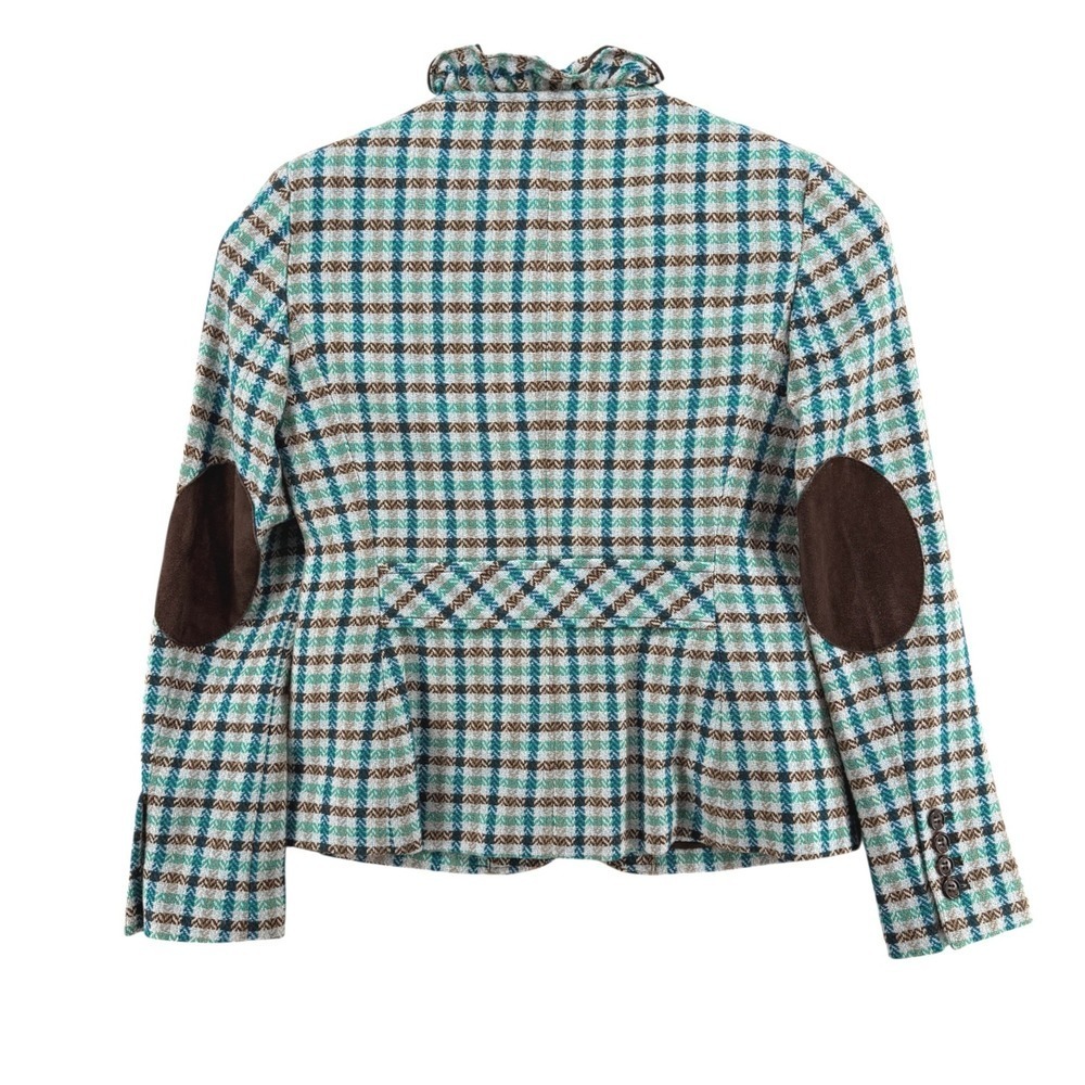 Talbots 100% Wool Blazer Women 2P Pre-Owned Plaid Blue Ruffle Elbow Patch Jacket - Picture 7 of 11